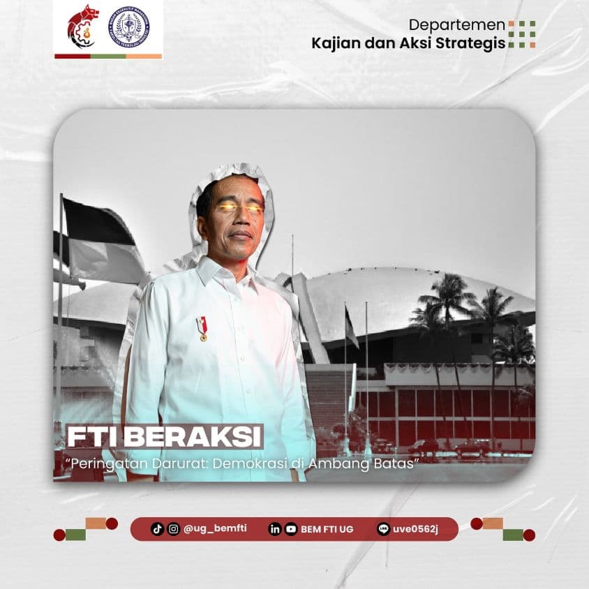 Screenshot sampul publikasi PERINGATAN DARURAT: DEMOKRASI DI AMBANG BATAS — Kabinet Gelora Aksi. Sumber: @ug_bemfti.