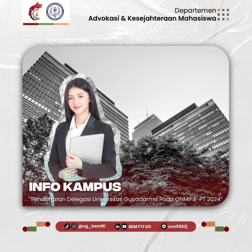 Screenshot sampul publikasi PENDAFTARAN DELEGASI UNIVERSITAS GUNADARMA PADA OLIMPIADE NASIONAL MATEMATIKA DAN ILMU PENGETAHUAN ALAM PERGURUAN TINGGI (ONMIPA-PT) TAHUN 2024 — Kabinet Gelora Aksi. Sumber: @ug_bemfti.