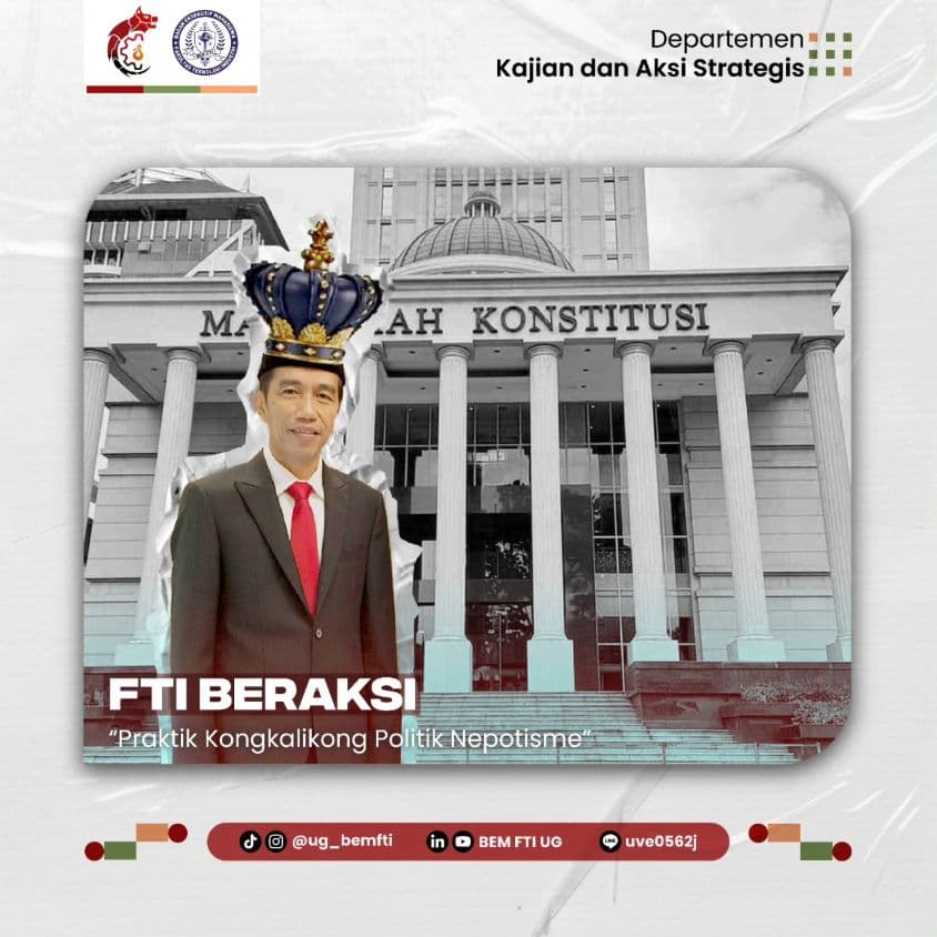 Screenshot sampul publikasi FTI BERAKSI: PRAKTIK KONGKALIKONG POLITIK NEPOTISME — Kabinet Gelora Aksi. Sumber: @ug_bemfti.