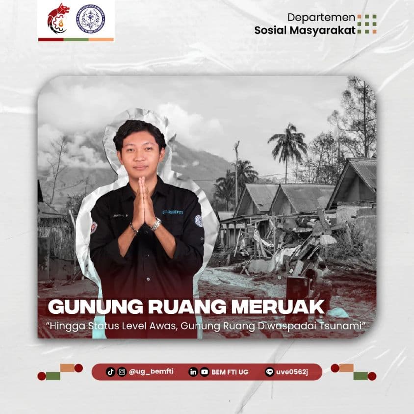 Screenshot sampul publikasi ERUPSI GUNUNG RUANG: LEVEL AWAS — Kabinet Gelora Aksi. Sumber: @ug_bemfti.