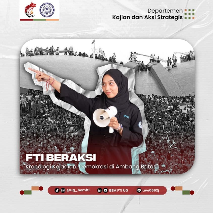 Screenshot sampul publikasi KRONOLOGI KEJADIAN: DEMOKRASI DI AMBANG BATAS — Kabinet Gelora Aksi. Sumber: @ug_bemfti.