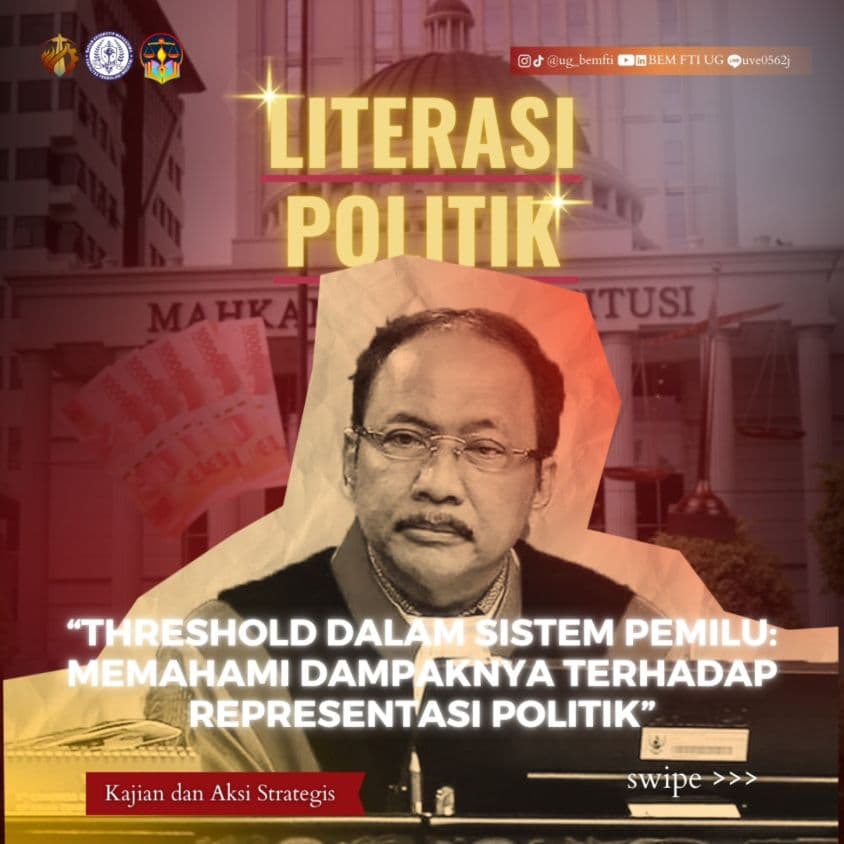 Screenshot sampul publikasi THRESHOLD DALAM SISTEM PEMILU: MEMAHAMI DAMPAKNYA TERHADAP REPRESENTASI POLITIK — Kabinet Satria Parivartana. Sumber: @ug_bemfti.