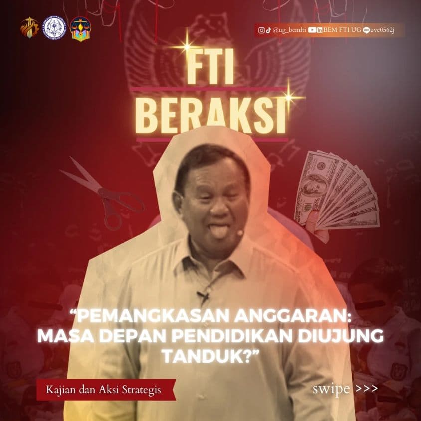 Screenshot sampul publikasi PEMANGKASAN ANGGARAN: MASA DEPAN PENDIDIKAN DI UJUNG TANDUK? — Kabinet Satria Parivartana. Sumber: @ug_bemfti.