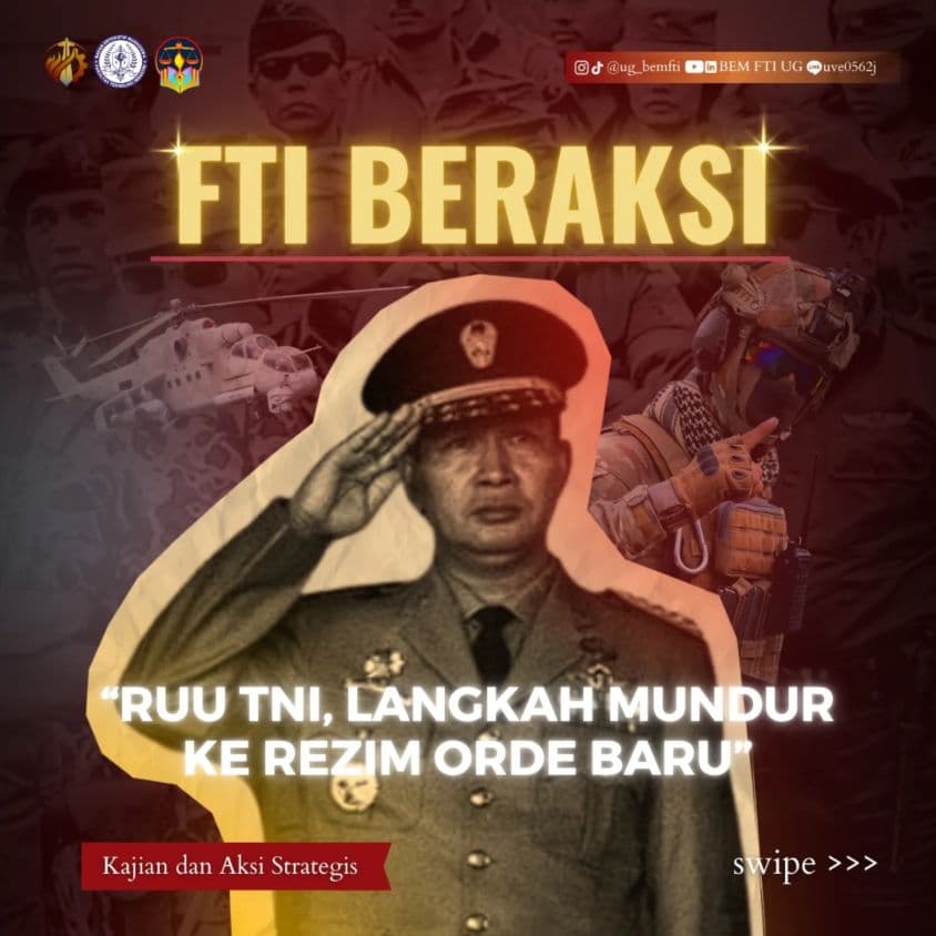 Screenshot sampul publikasi RUU TNI: LANGKAH MUNDUR KE REZIM ORDE BARU? — Kabinet Satria Parivartana. Sumber: @ug_bemfti.