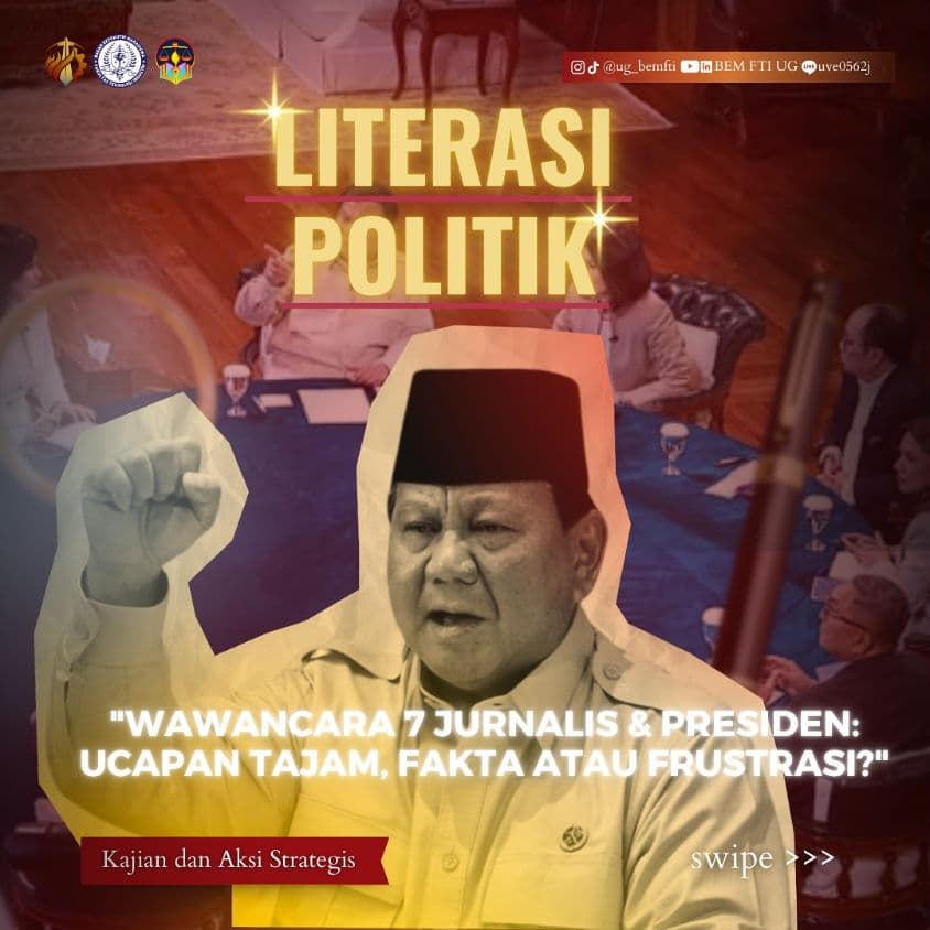 Screenshot sampul publikasi WAWANCARA 7 JURNALIS & PRESIDEN: UCAPAN TAJAM, FAKTA ATAU FRUSTASI? — Kabinet Satria Parivartana. Sumber: @ug_bemfti.