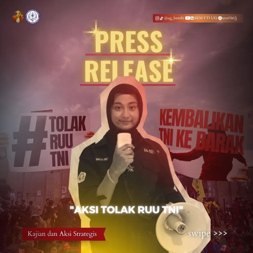 Screenshot sampul publikasi AKSI TOLAK RUU TNI — Kabinet Satria Parivartana. Sumber: @ug_bemfti.