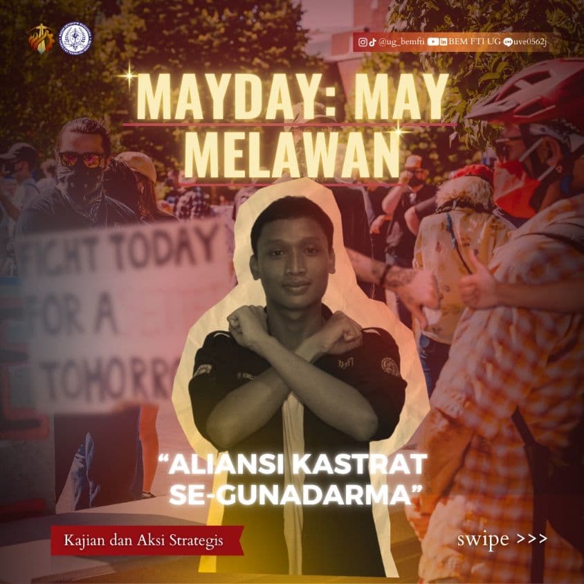 Screenshot sampul publikasi MAYDAY: MAY MELAWAN! — Kabinet Satria Parivartana. Sumber: @ug_bemfti.