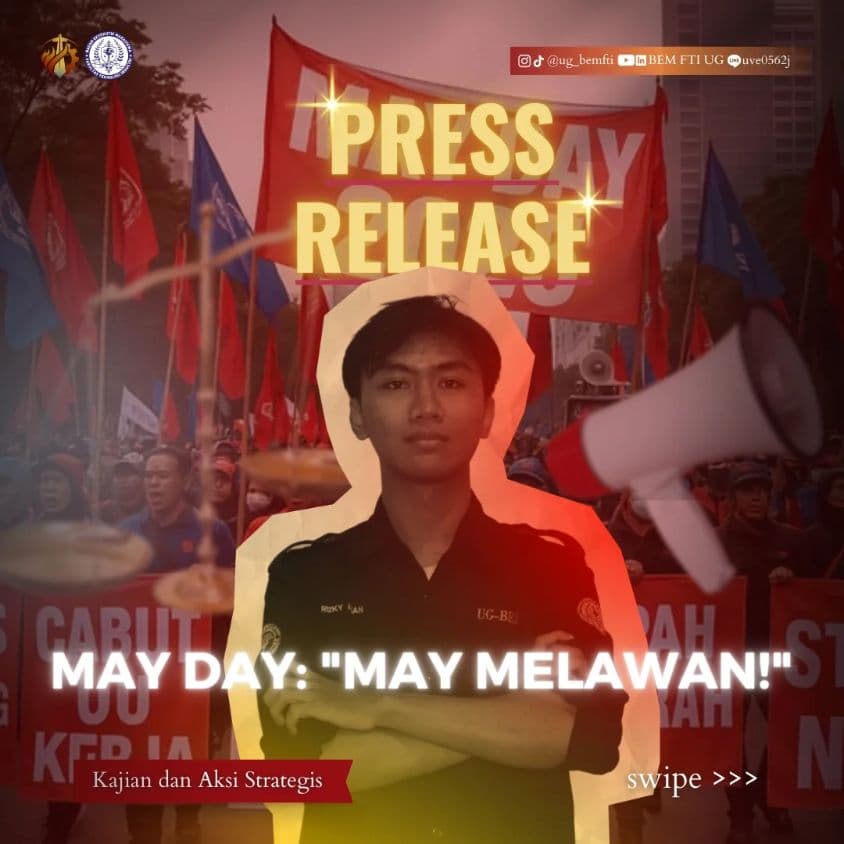 Screenshot sampul publikasi PRESS RELEASE AKSI MAY DAY — Kabinet Satria Parivartana. Sumber: @ug_bemfti.