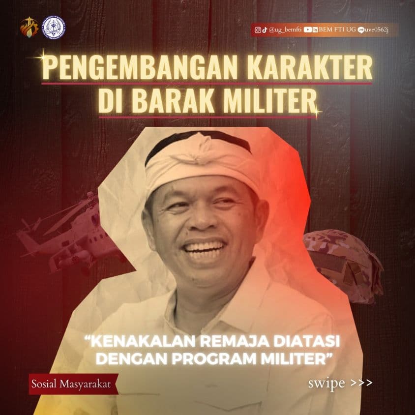 Screenshot sampul publikasi PENGEMBANGAN KARAKTER DI BARAK MILITER — Kabinet Satria Parivartana. Sumber: @ug_bemfti.
