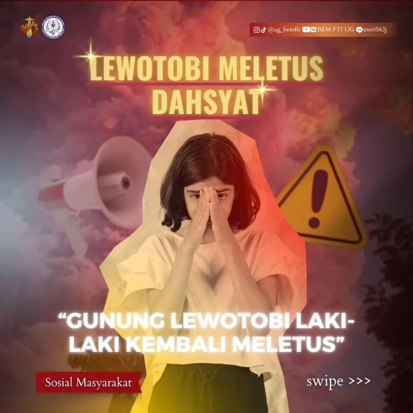 Screenshot sampul publikasi LEWOTOBI MELETUS DAHSYAT — Kabinet Satria Parivartana. Sumber: @ug_bemfti.