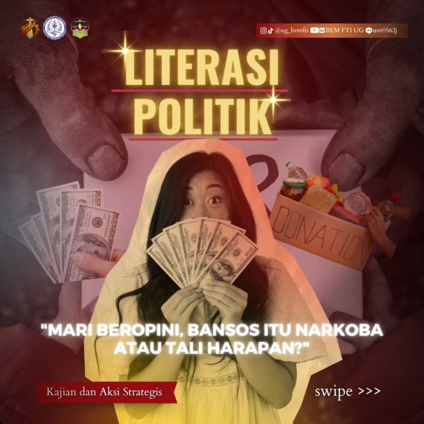 Screenshot sampul publikasi MARI BEROPINI, BANSOS ITU NARKOBA ATAU TALI HARAPAN? — Kabinet Satria Parivartana. Sumber: @ug_bemfti.