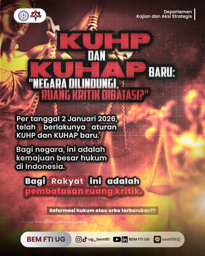 Screenshot sampul publikasi KUHP dan KUHAP Baru: Melindungi Negara atau Membatasi Warga? — Kabinet Digartha Aksa. Sumber: @ug_bemfti.