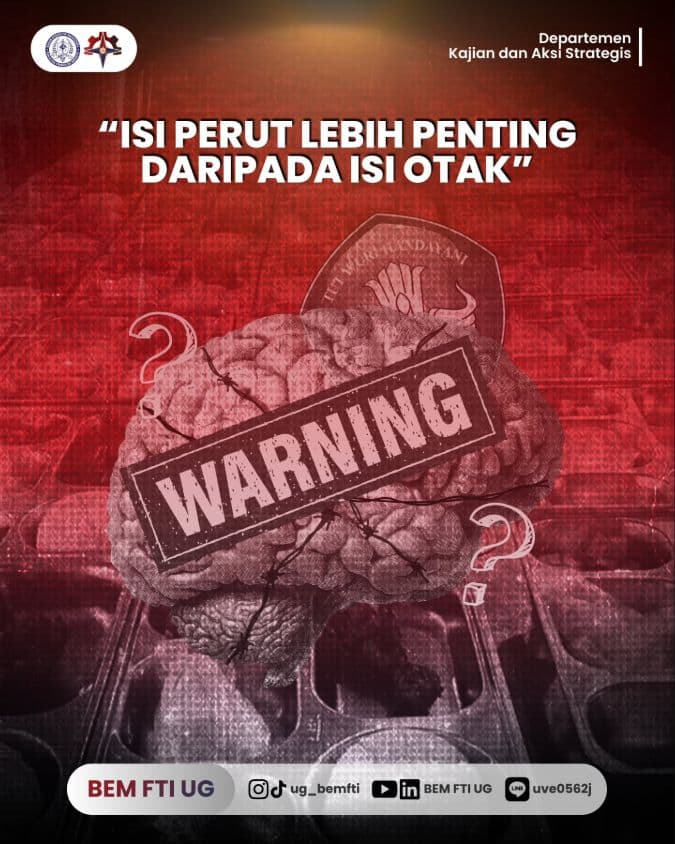 Screenshot sampul publikasi ISI PERUT LEBIH PENTING DARIPADA ISI OTAK — Kabinet Digartha Aksa. Sumber: @ug_bemfti.