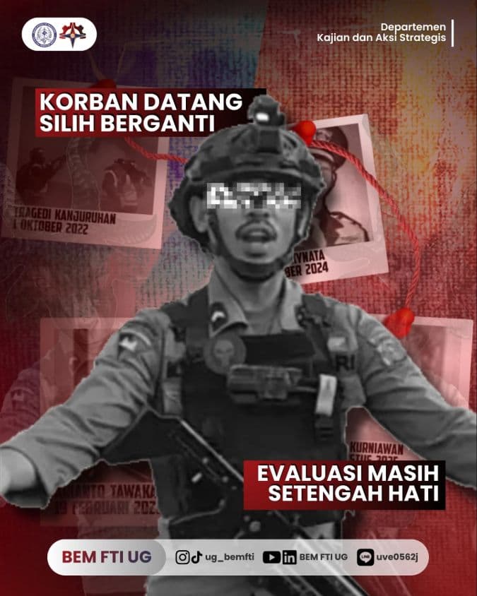 Screenshot sampul publikasi KORBAN SILIH BERGANTI, EVALUASI SETENGAH HATI — Kabinet Digartha Aksa. Sumber: @ug_bemfti.