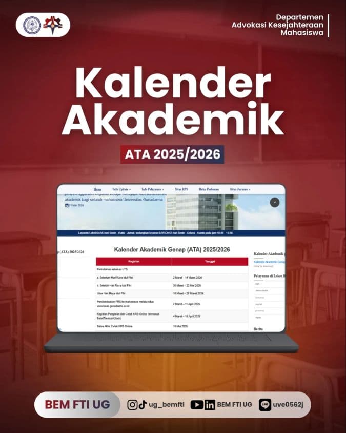 Screenshot sampul publikasi KALENDER AKADEMIK ATA 2025/2026 — Kabinet Digartha Aksa. Sumber: @ug_bemfti.