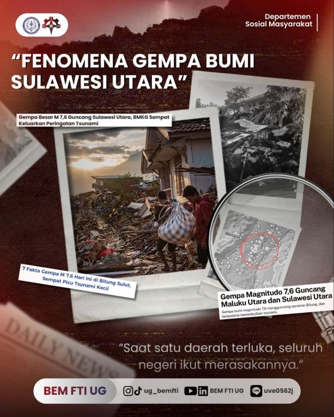 Screenshot sampul publikasi GEMPA BUMI SULAWESI UTARA — Kabinet Digartha Aksa. Sumber: @ug_bemfti.