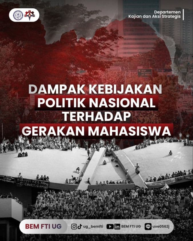 Screenshot sampul publikasi DAMPAK KEBIJAKAN POLITIK NASIONAL TERHADAP GERAKAN MAHASISWA — Kabinet Digartha Aksa. Sumber: @ug_bemfti.
