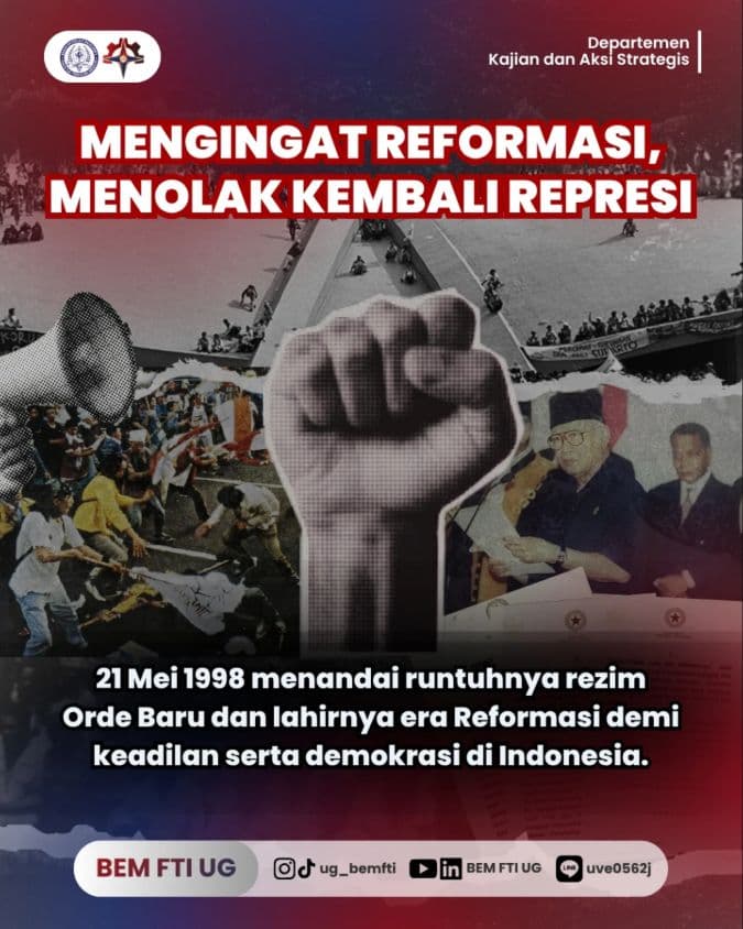 Screenshot sampul publikasi MENGINGAT REFORMASI, MENOLAK KEMBALI REPRESI — Kabinet Digartha Aksa. Sumber: @ug_bemfti.