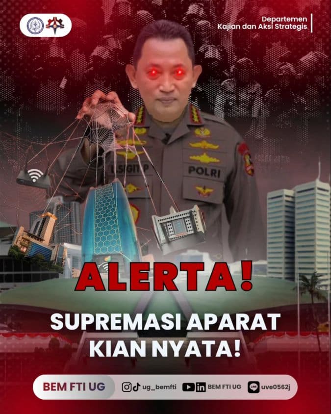 Screenshot sampul publikasi ALERTA!!! SUPREMASI APARAT KIAN NYATA! — Kabinet Digartha Aksa. Sumber: @ug_bemfti.