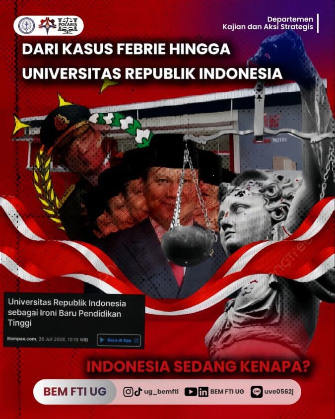 Screenshot sampul publikasi DINAMIKA KEBIJAKAN DAN PENEGAKAN HUKUM: KASUS JAMPIDSUS DAN PENDIRIAN UNIVERSITAS REPUBLIK INDONESIA — Kabinet Digartha Aksa. Sumber: @ug_bemfti.