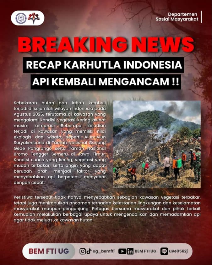 Screenshot sampul publikasi KEBAKARAN GUNUNG GEDE DAN BROMO — Kabinet Digartha Aksa. Sumber: @ug_bemfti.